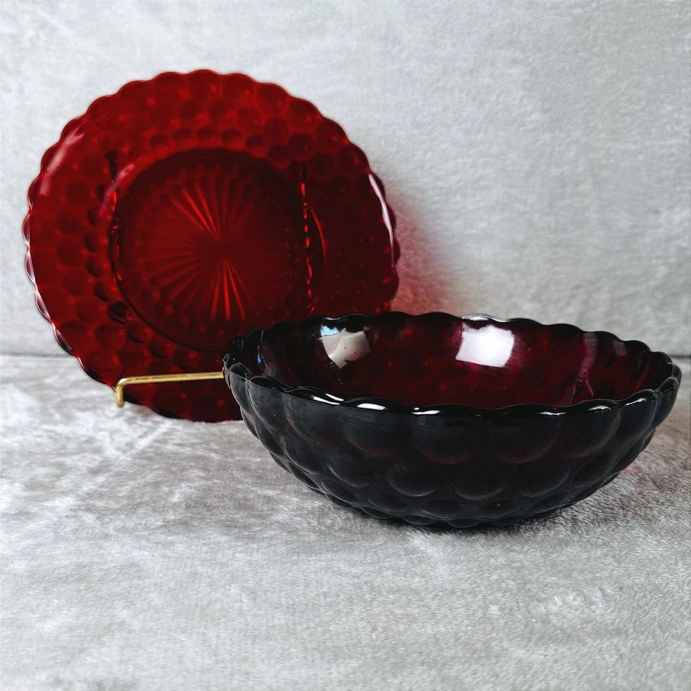 Anchor Hocking Ruby Red Glass Serving Bowl Plate Set Bubble Scalloped Vintage